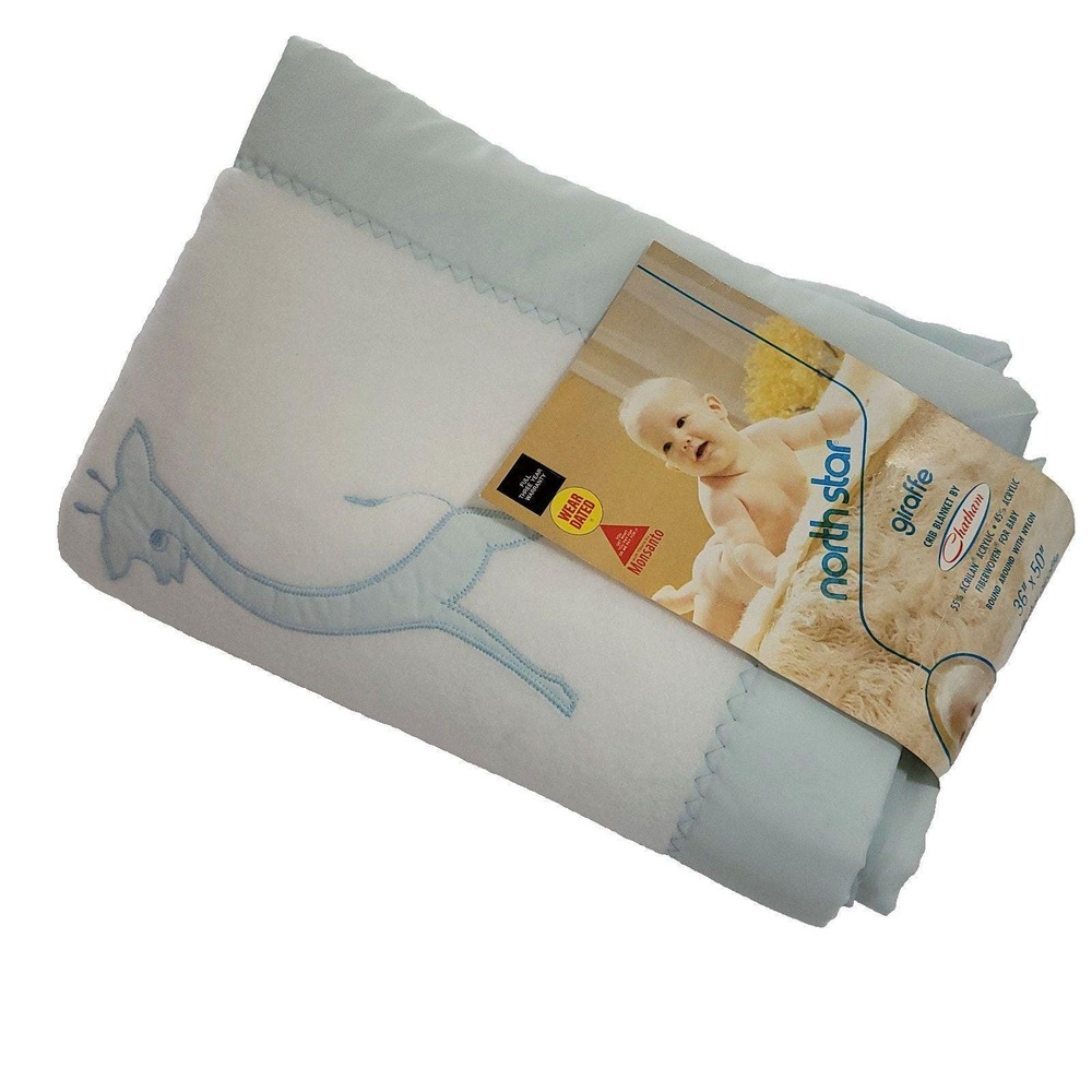 North Star Giraffe Satin Edge Crib Blanket  Blue NWT acrylic Chatham 36 X 50 Vtg